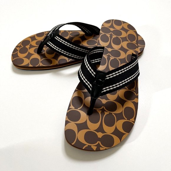 NWOB COACH Men Signature Flip Flop Sandals Brown C8896 Flats Rubber Pool - Picture 3 of 7
